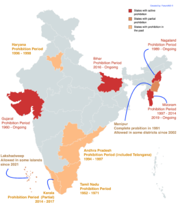 The Map depicts the States with Prohibition of Liquor