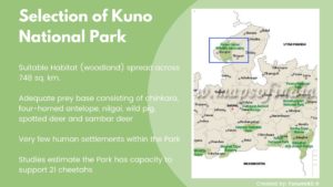 The image depicts reasons for selection Kuno NP for Cheetah Relocation