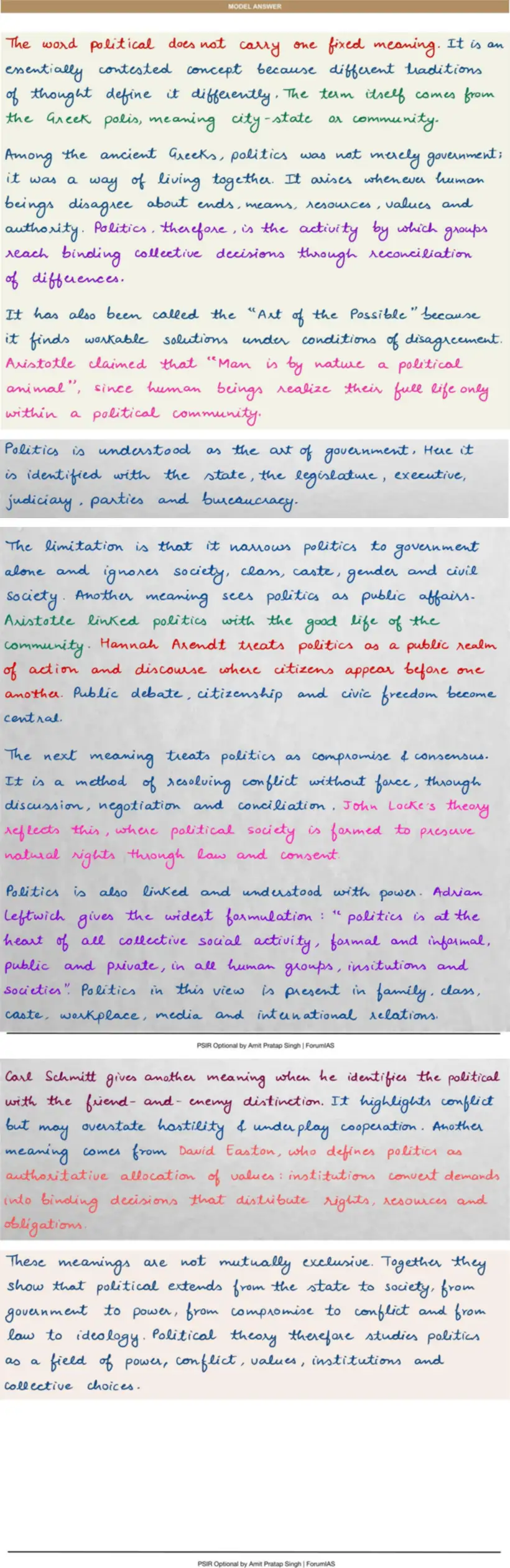 Handwritten model answer — UPSC PSIR 2024, Political Theory — meaning and approaches