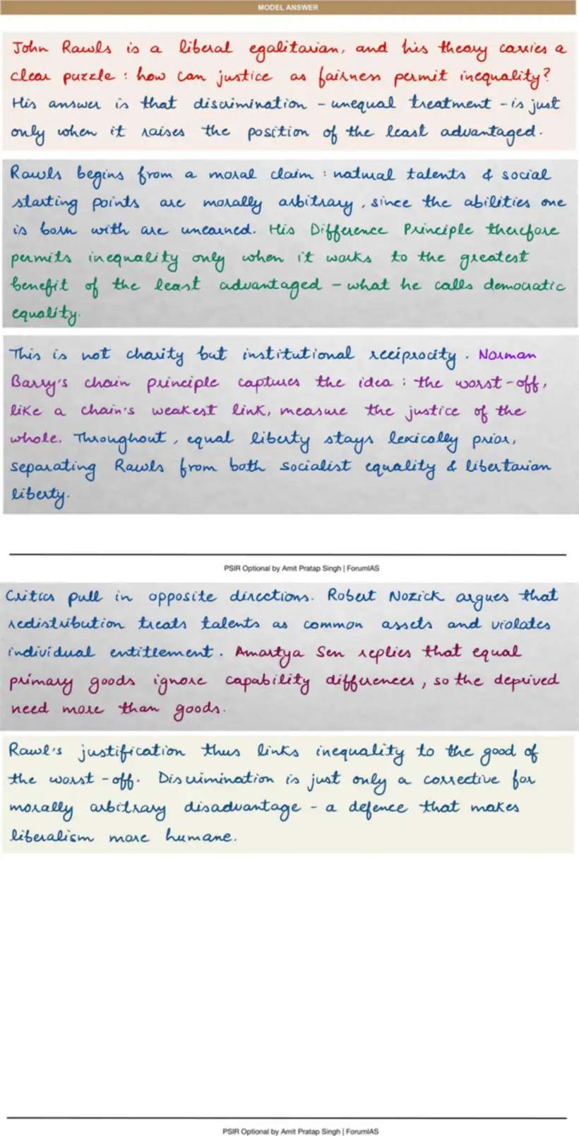 Handwritten model answer — UPSC PSIR 2018, Justice