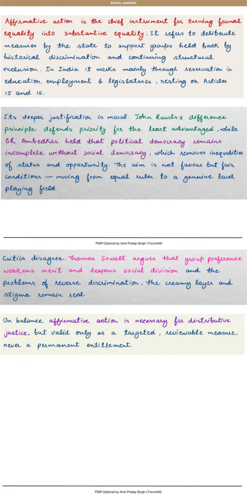 Handwritten model answer — UPSC PSIR 2016, Equality