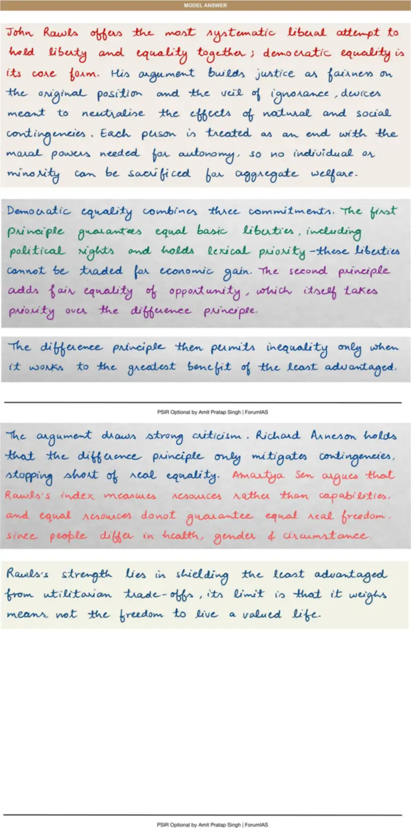 Handwritten model answer — UPSC PSIR 2016, Equality