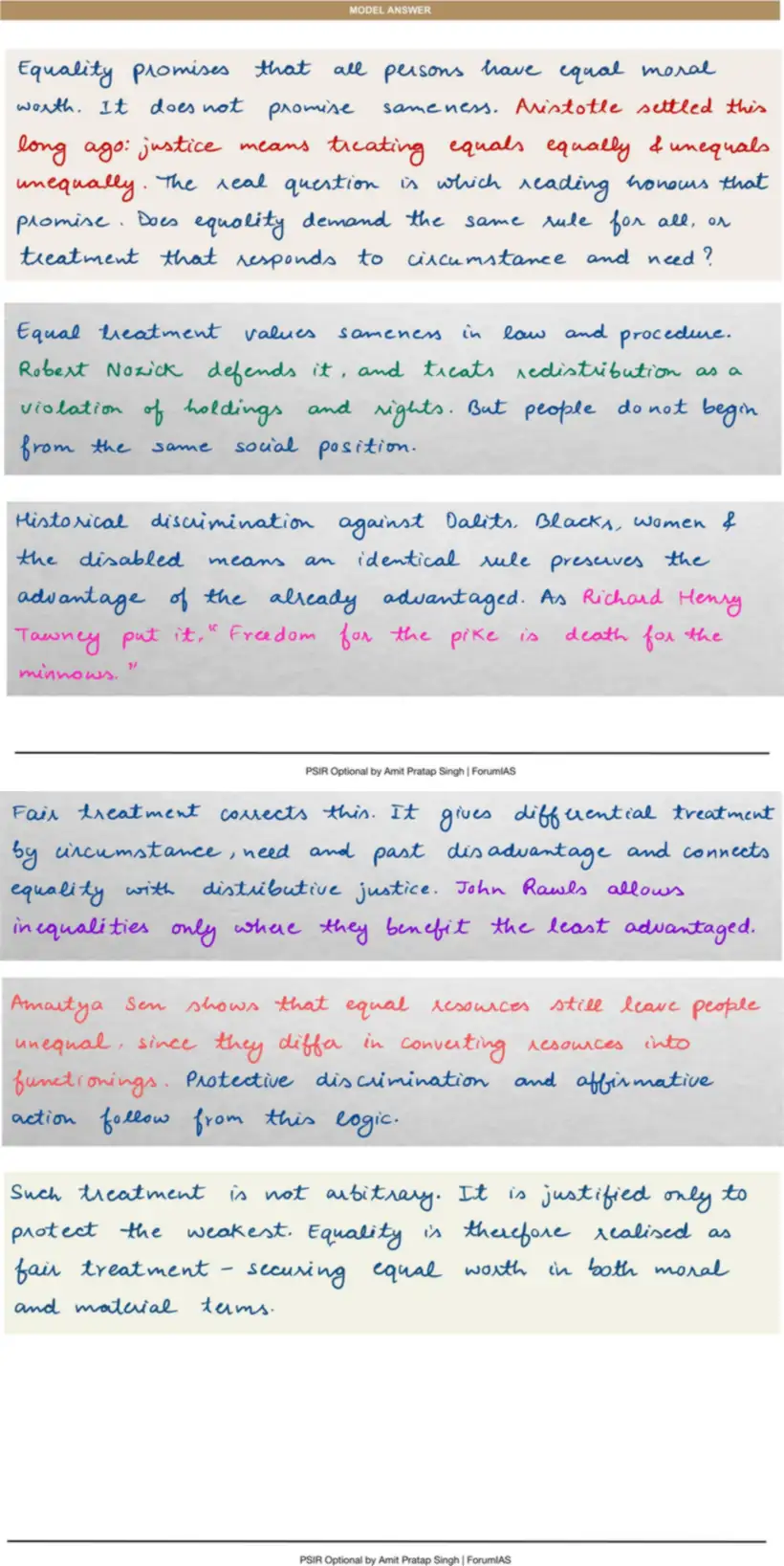 Handwritten model answer — UPSC PSIR 2018, Equality