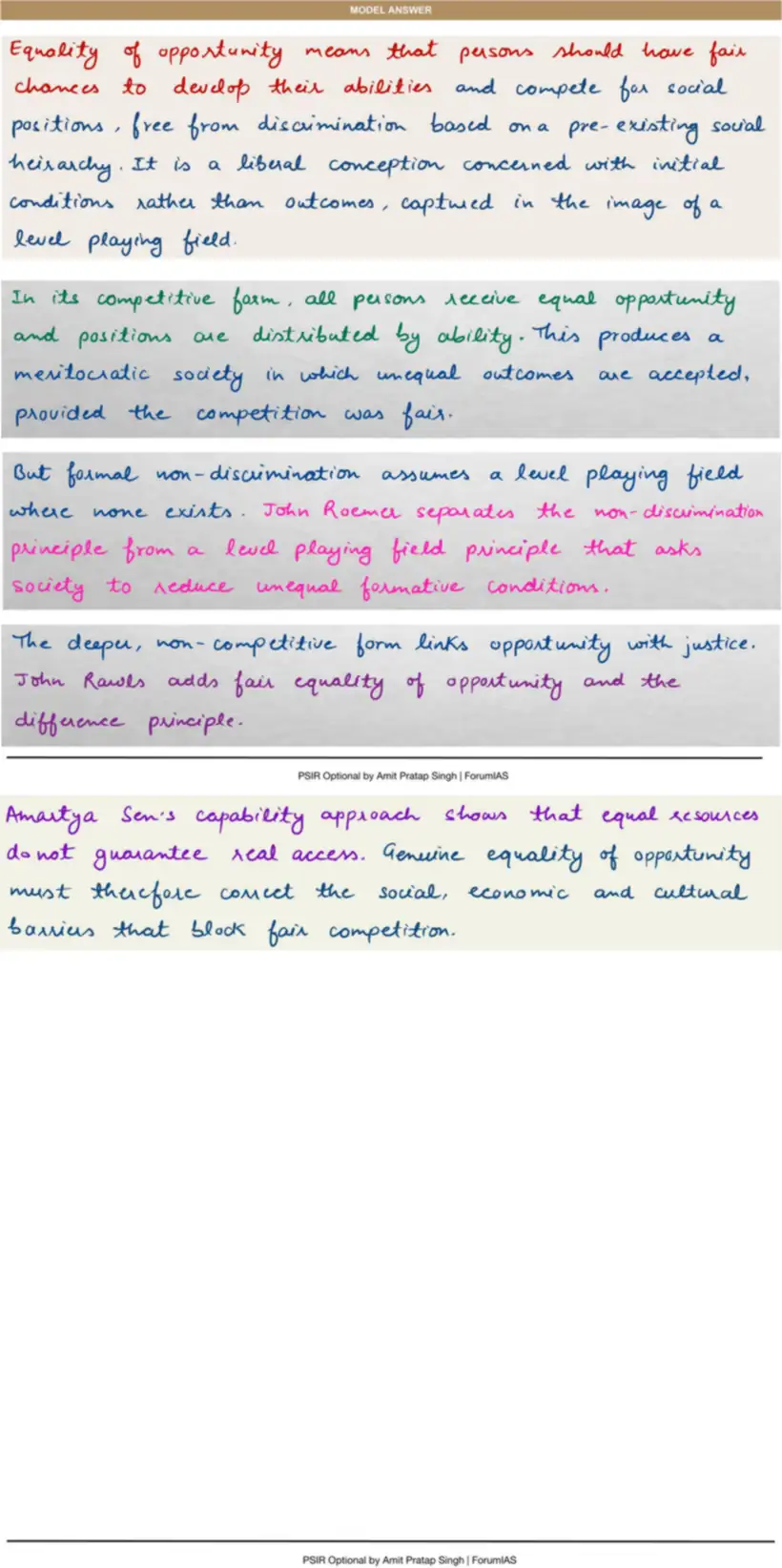 Handwritten model answer — UPSC PSIR 2020, Equality