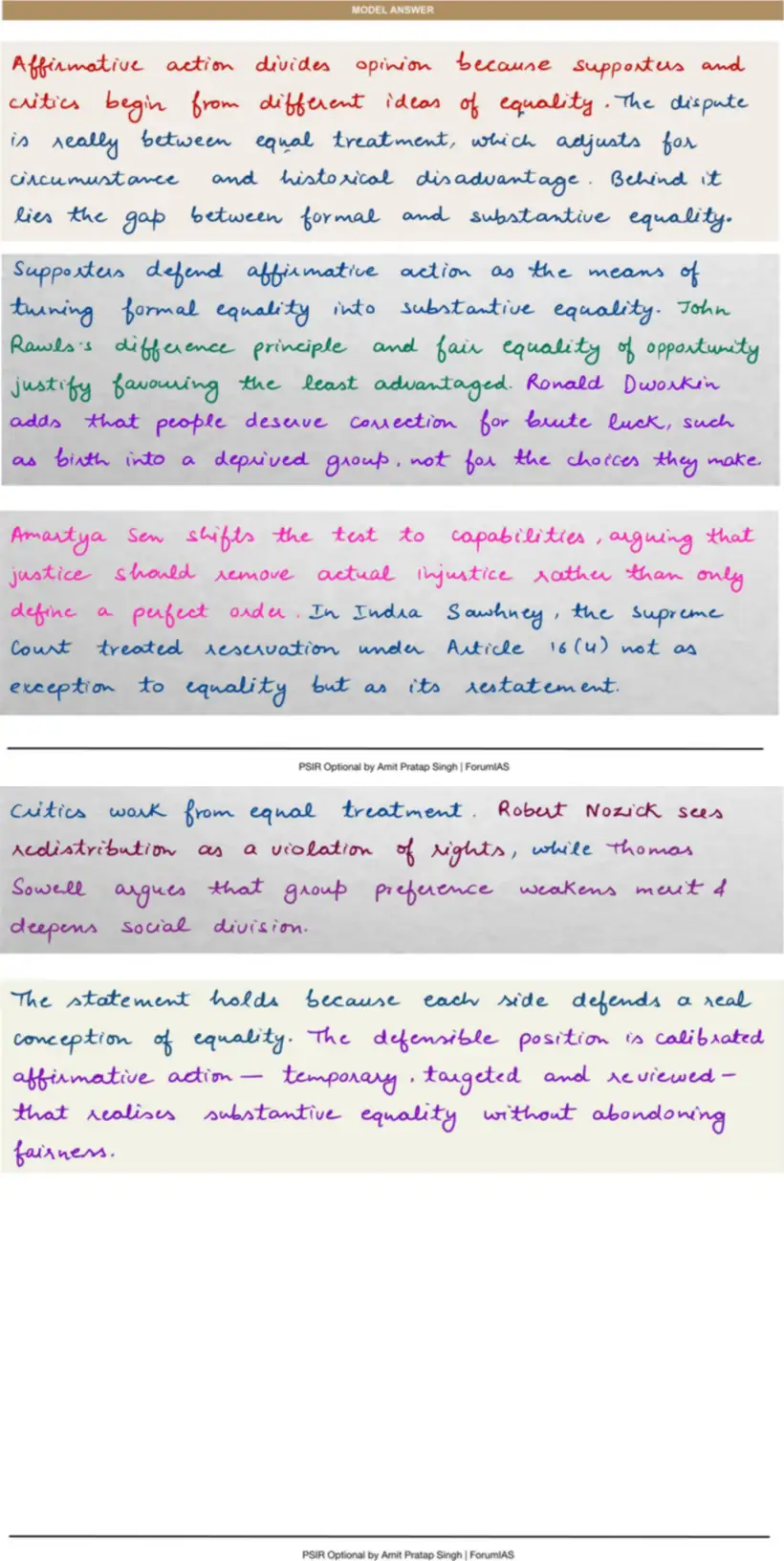 Handwritten model answer — UPSC PSIR 2023, Equality