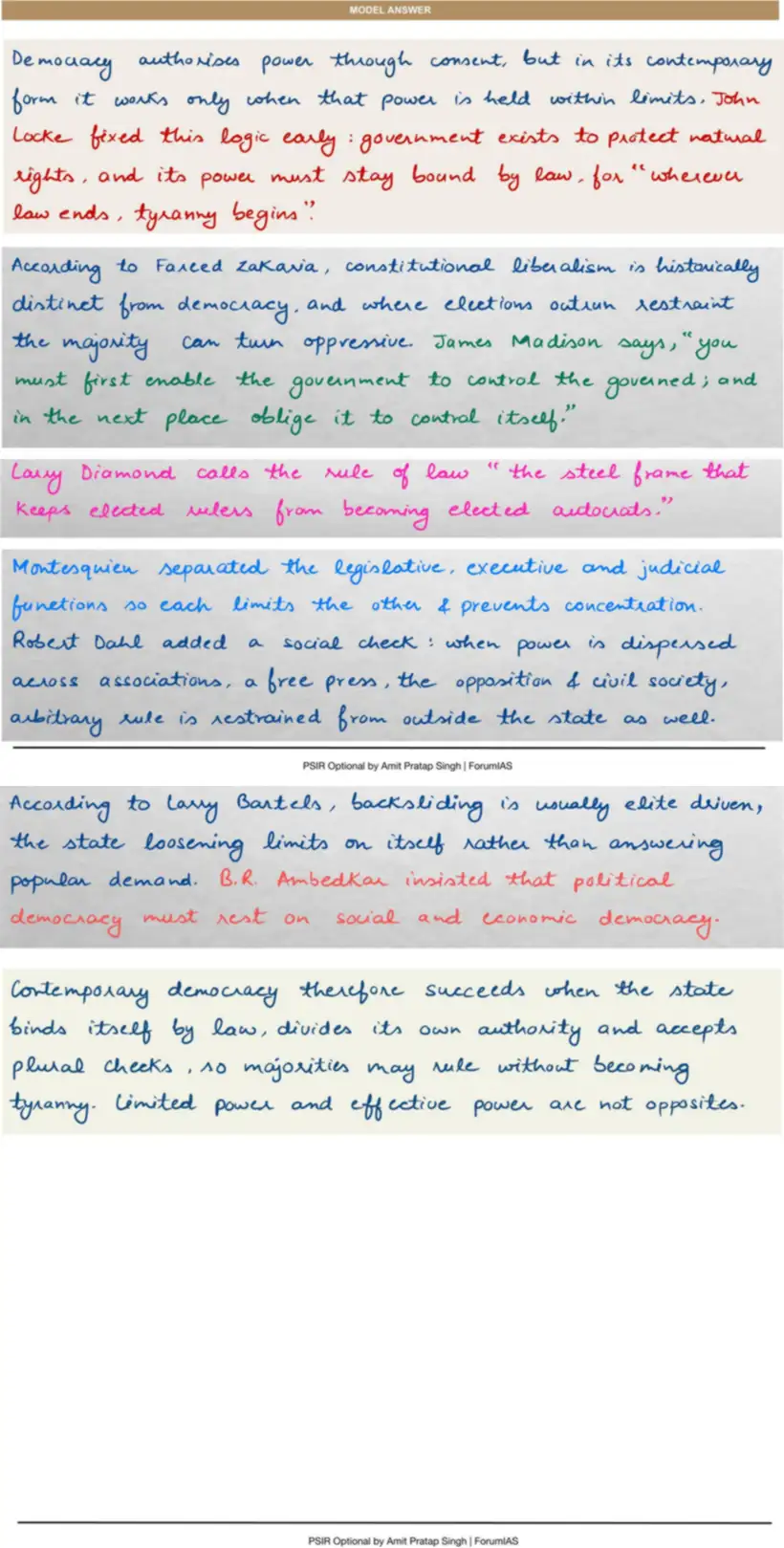 Handwritten model answer — UPSC PSIR 2023, Democracy