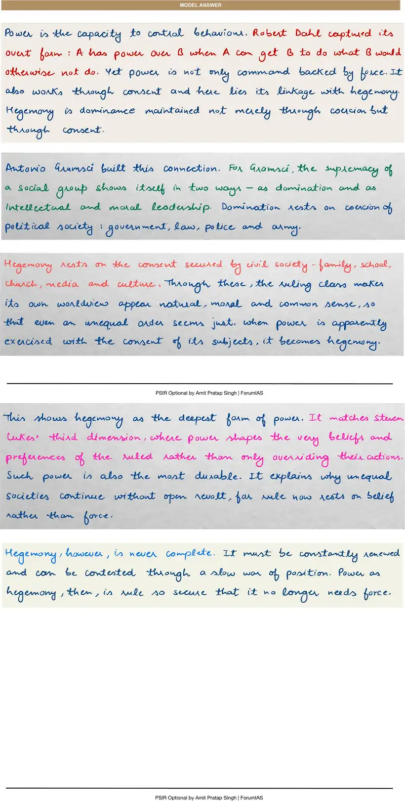 Handwritten model answer — UPSC PSIR 2024, Power, Authority & Legitimacy