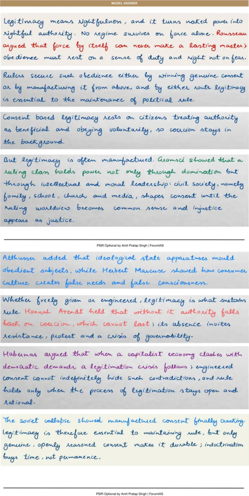 Handwritten model answer — UPSC PSIR 2025, Power, Authority & Legitimacy