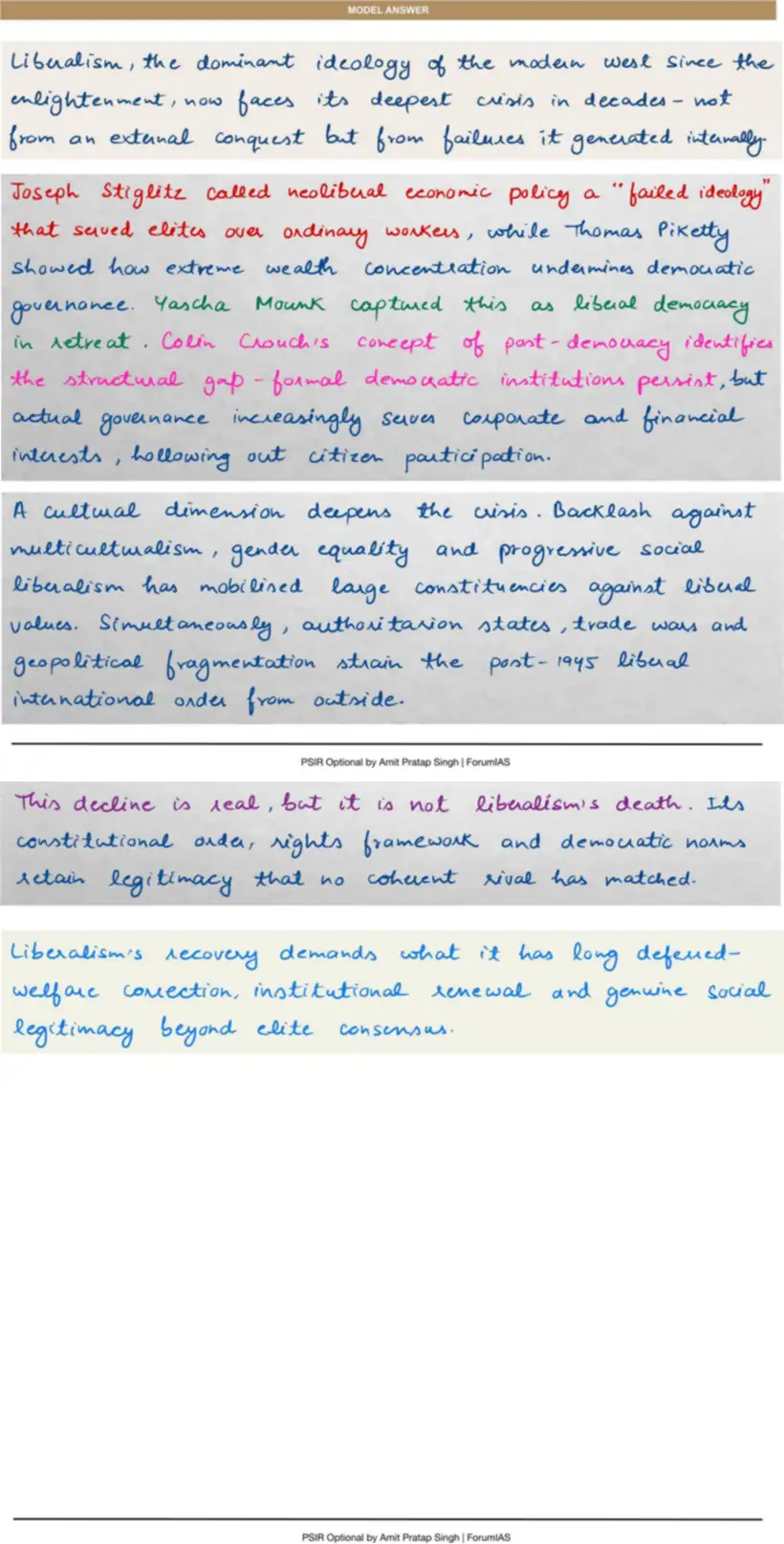 Handwritten model answer — UPSC PSIR 2024, Political Ideologies