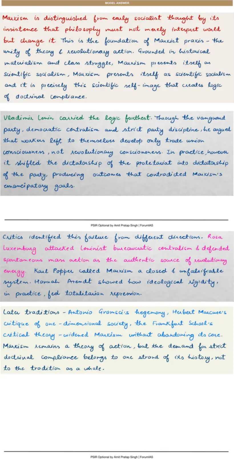 Handwritten model answer — UPSC PSIR 2024, Political Ideologies