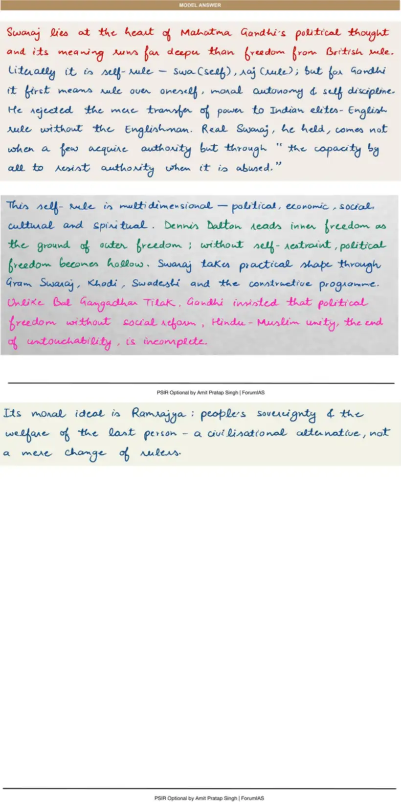 Handwritten model answer — UPSC PSIR 2019, Indian Political Thought