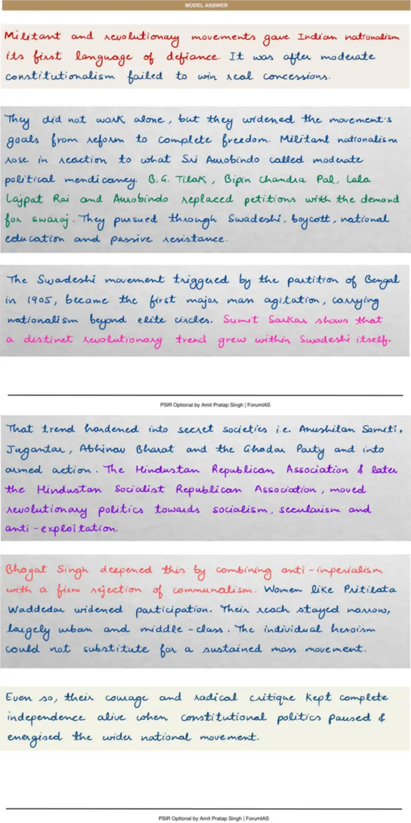Handwritten model answer — UPSC PSIR 2020, Indian National Movement