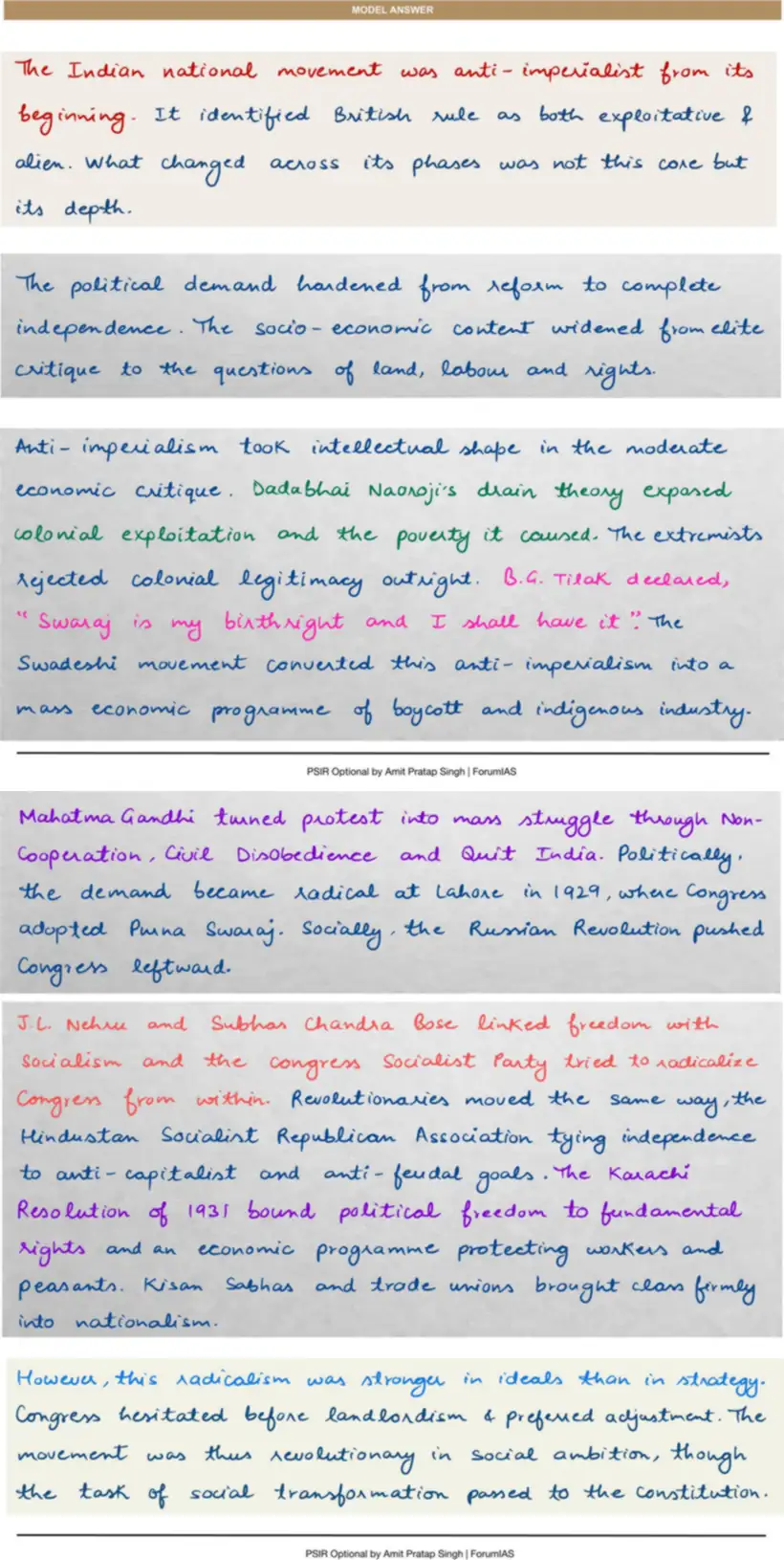 Handwritten model answer — UPSC PSIR 2019, Indian National Movement