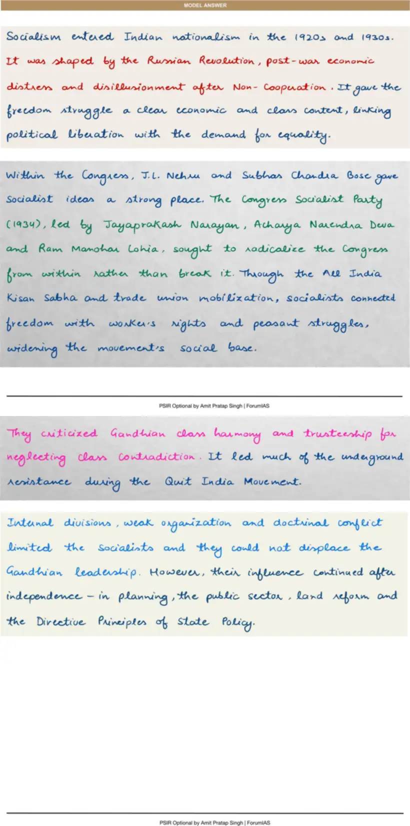 Handwritten model answer — UPSC PSIR 2020, Indian National Movement