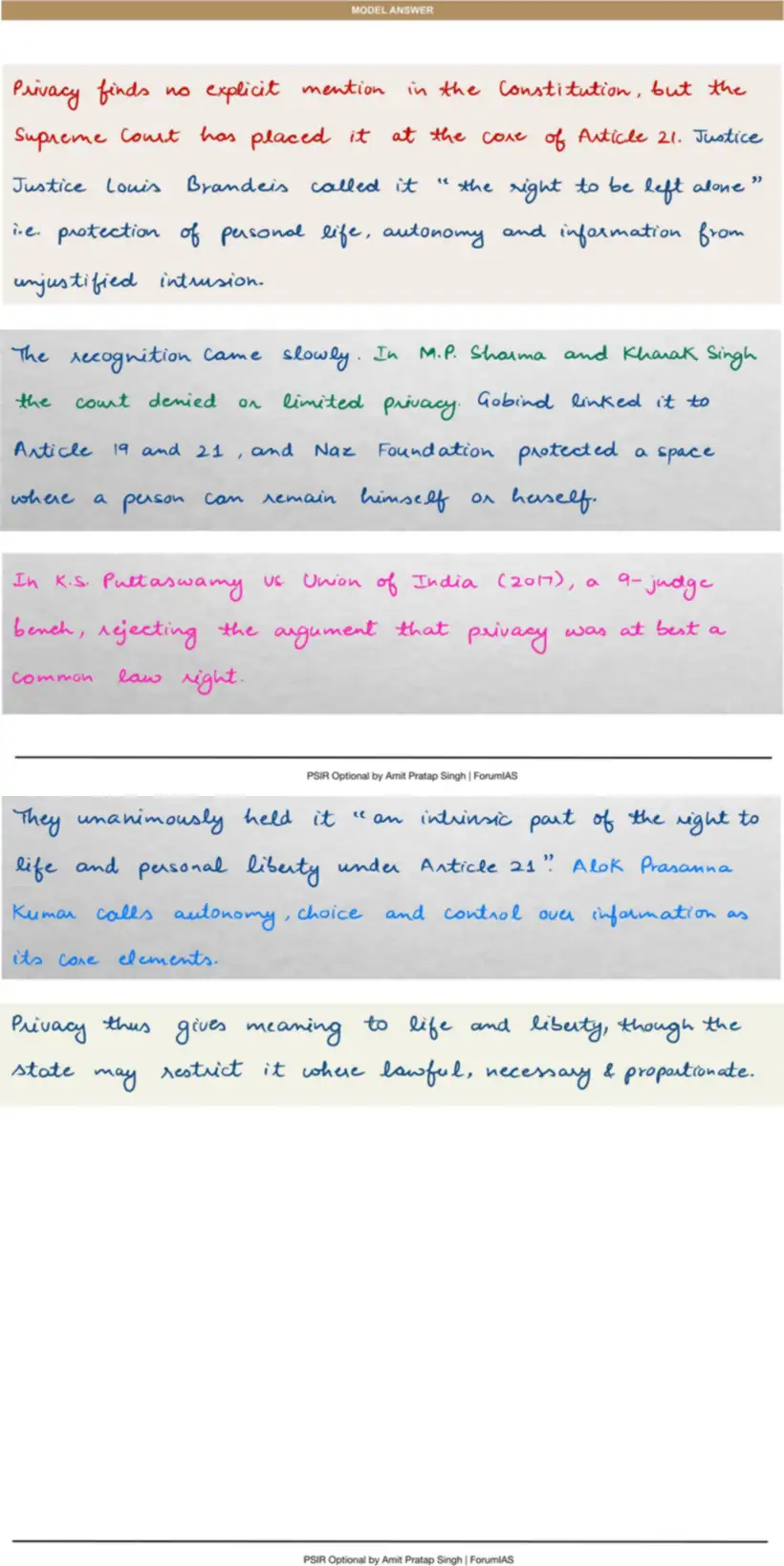 Handwritten model answer — UPSC PSIR 2017, Indian Constitution