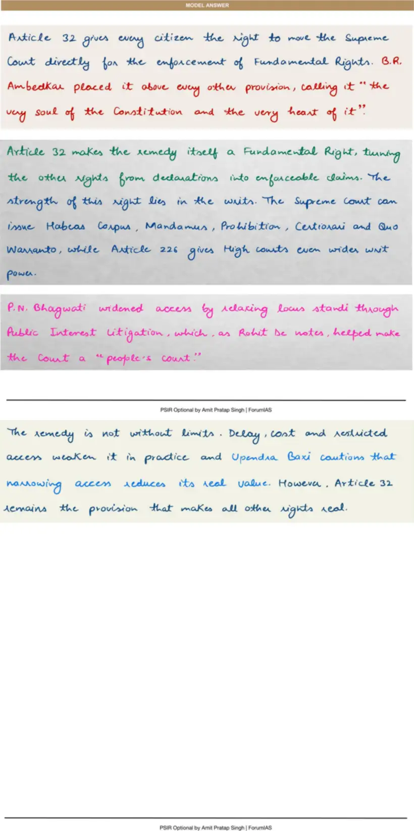 Handwritten model answer — UPSC PSIR 2020, Indian Constitution