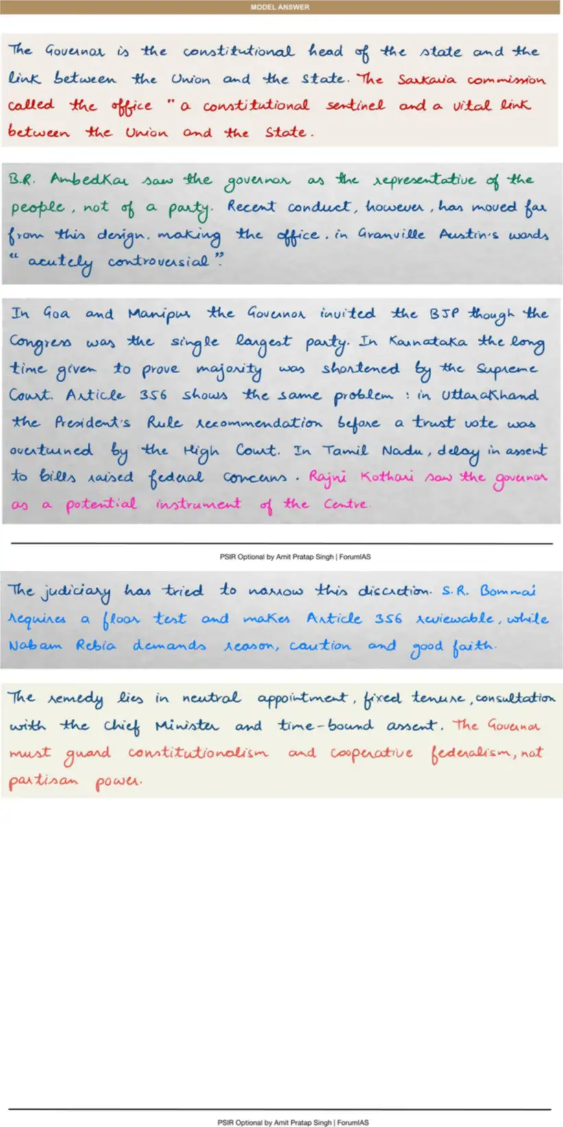 Handwritten model answer — UPSC PSIR 2016, Organs of Government