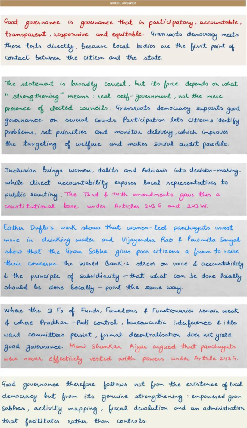 Handwritten model answer — UPSC PSIR 2016, Local Government
