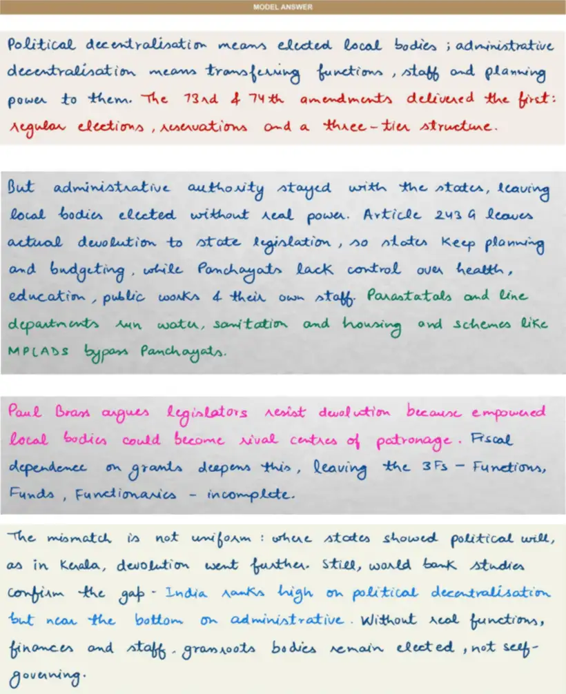 Handwritten model answer — UPSC PSIR 2019, Local Government