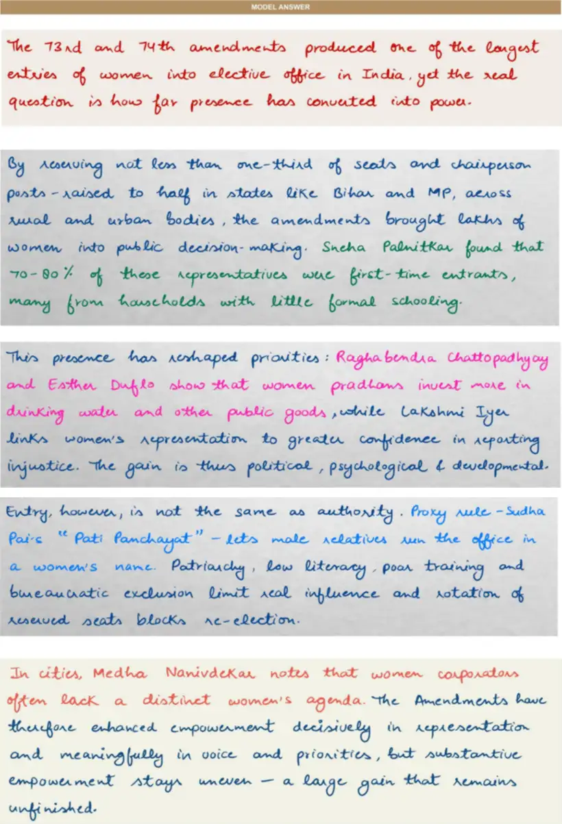 Handwritten model answer — UPSC PSIR 2020, Local Government