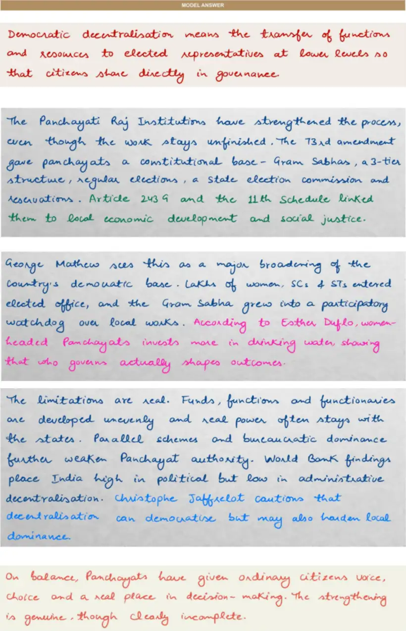 Handwritten model answer — UPSC PSIR 2021, Local Government