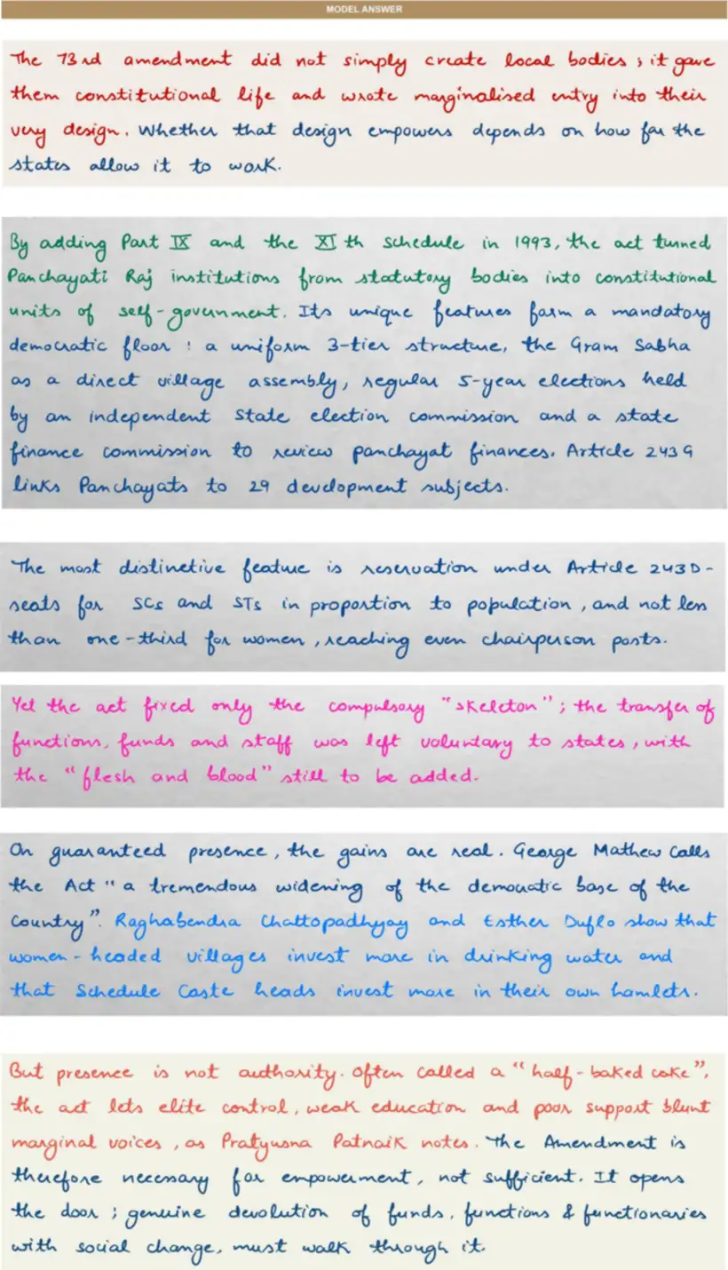 Handwritten model answer — UPSC PSIR 2022, Local Government