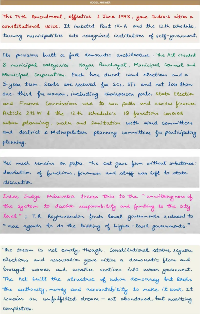 Handwritten model answer — UPSC PSIR 2023, Local Government