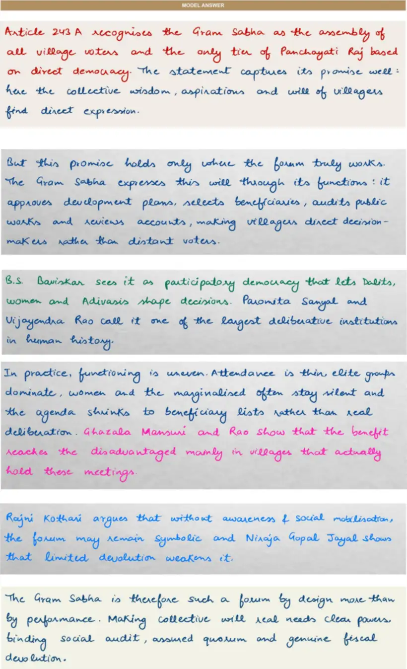 Handwritten model answer — UPSC PSIR 2024, Local Government