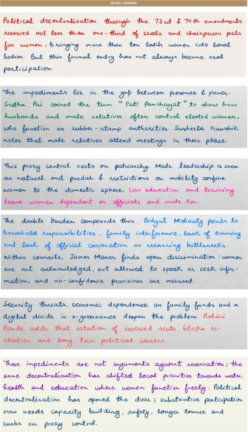 Handwritten model answer — UPSC PSIR 2025, Local Government