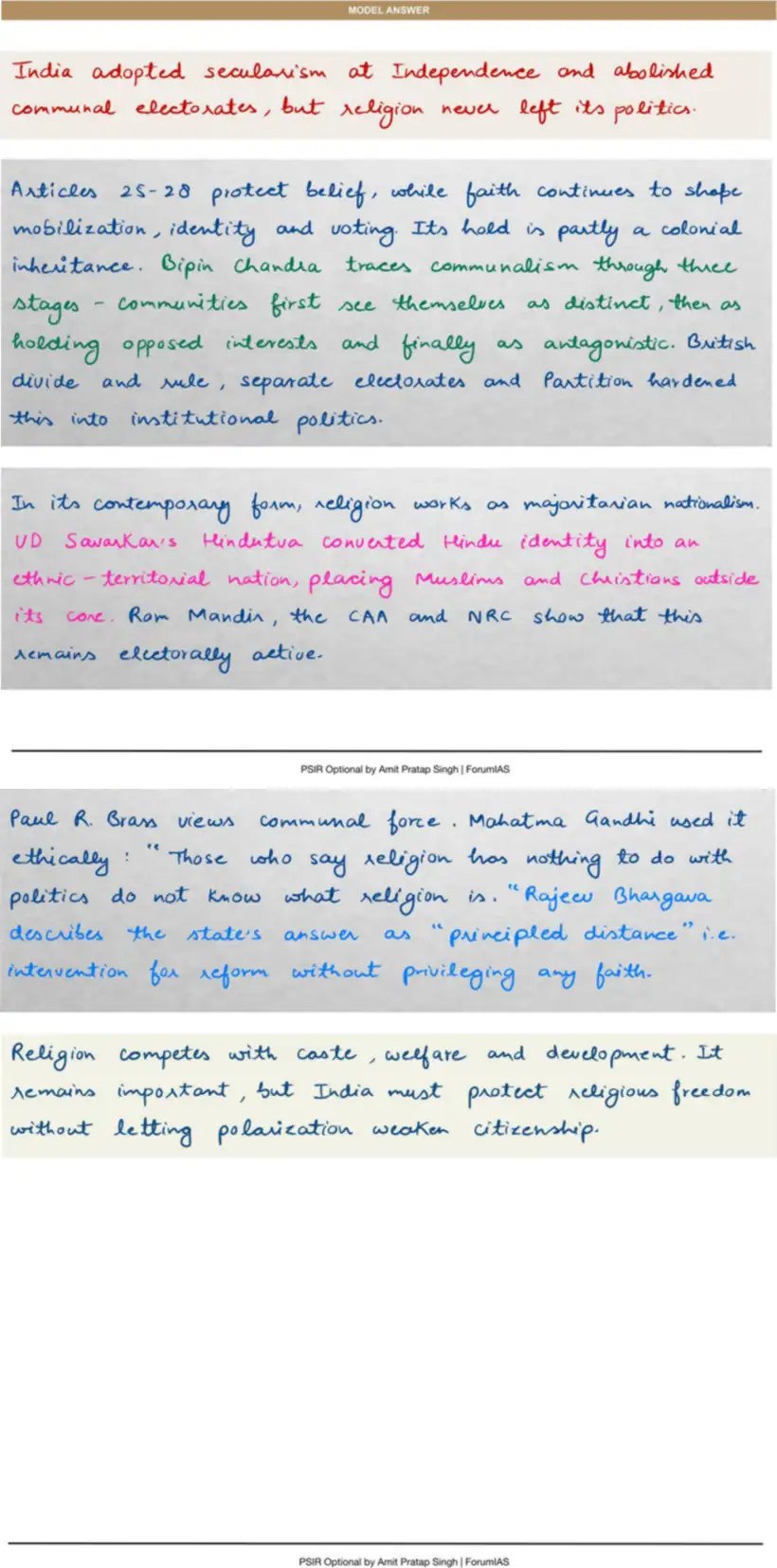 Handwritten model answer — UPSC PSIR 2017, Caste, Religion & Ethnicity