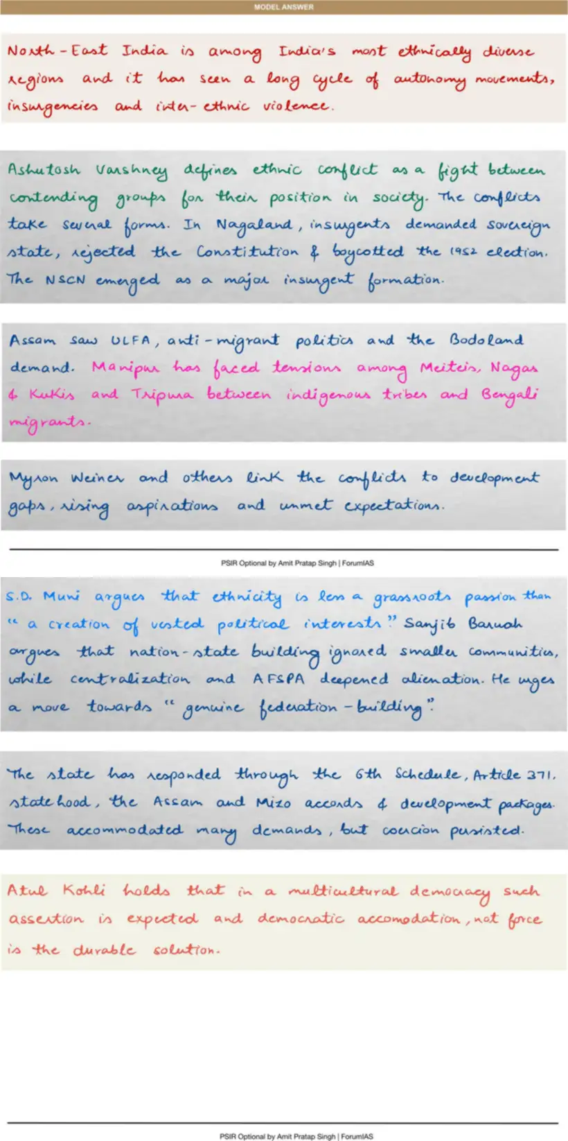 Handwritten model answer — UPSC PSIR 2013, Caste, Religion & Ethnicity