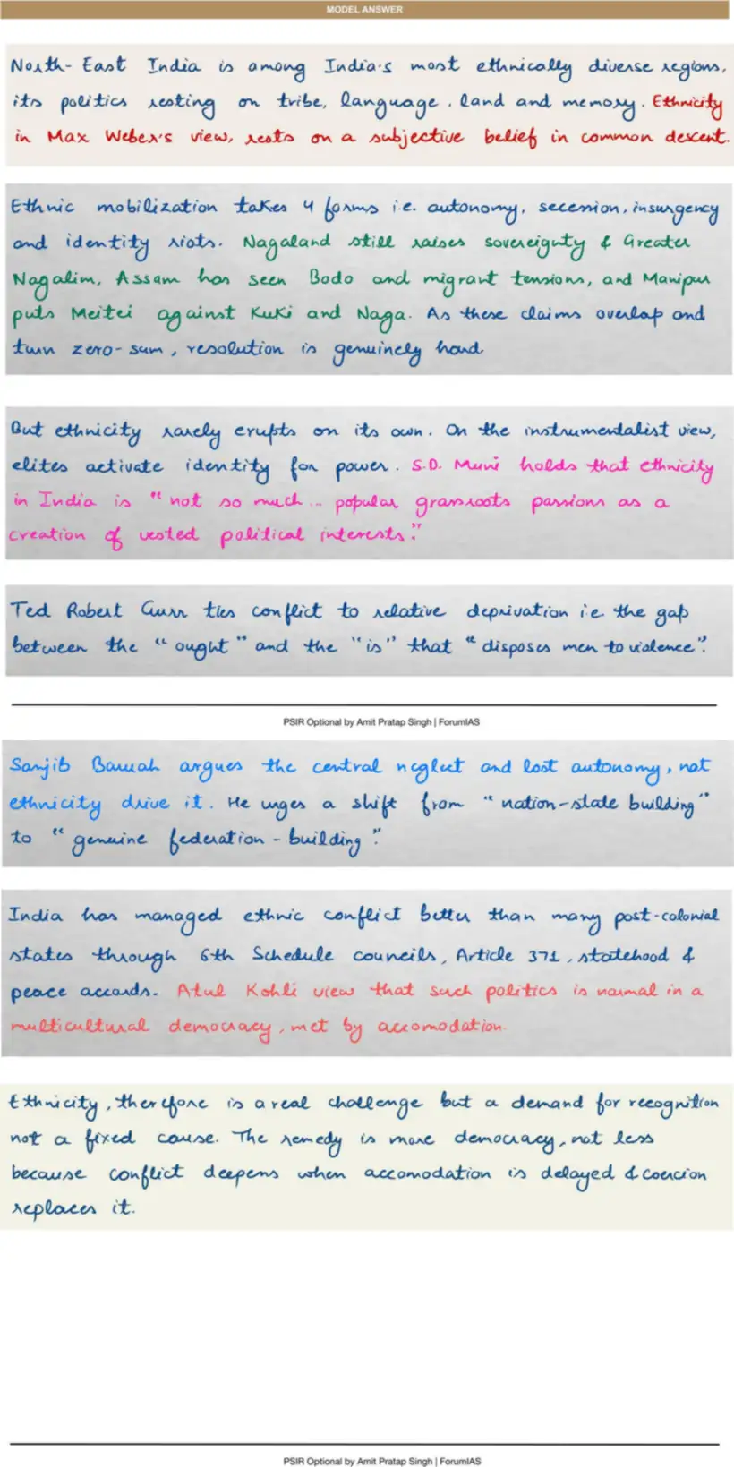 Handwritten model answer — UPSC PSIR 2022, Caste, Religion & Ethnicity