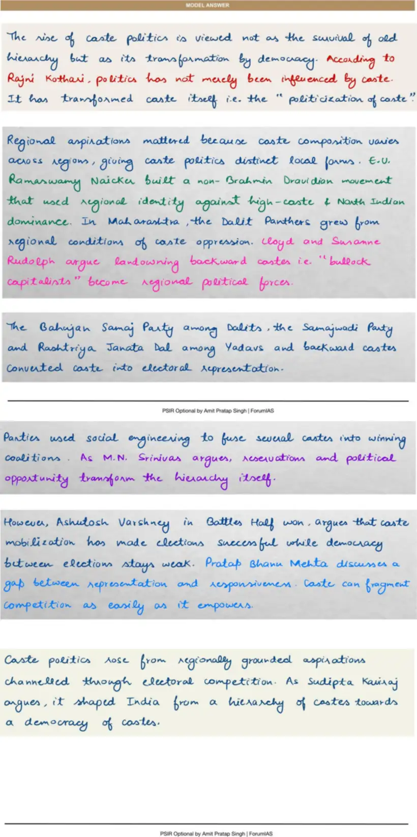 Handwritten model answer — UPSC PSIR 2023, Caste, Religion & Ethnicity