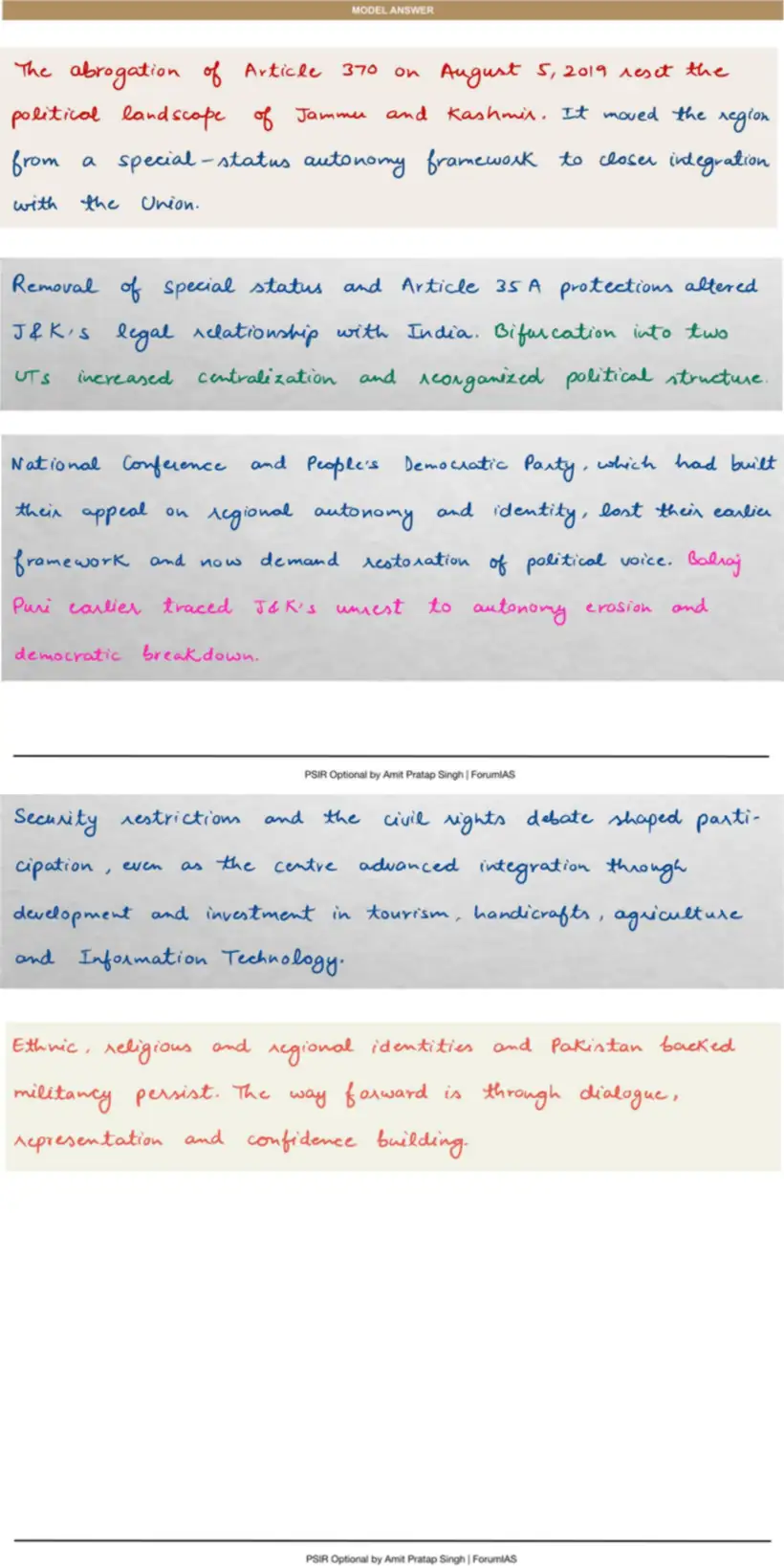 Handwritten model answer — UPSC PSIR 2025, Caste, Religion & Ethnicity