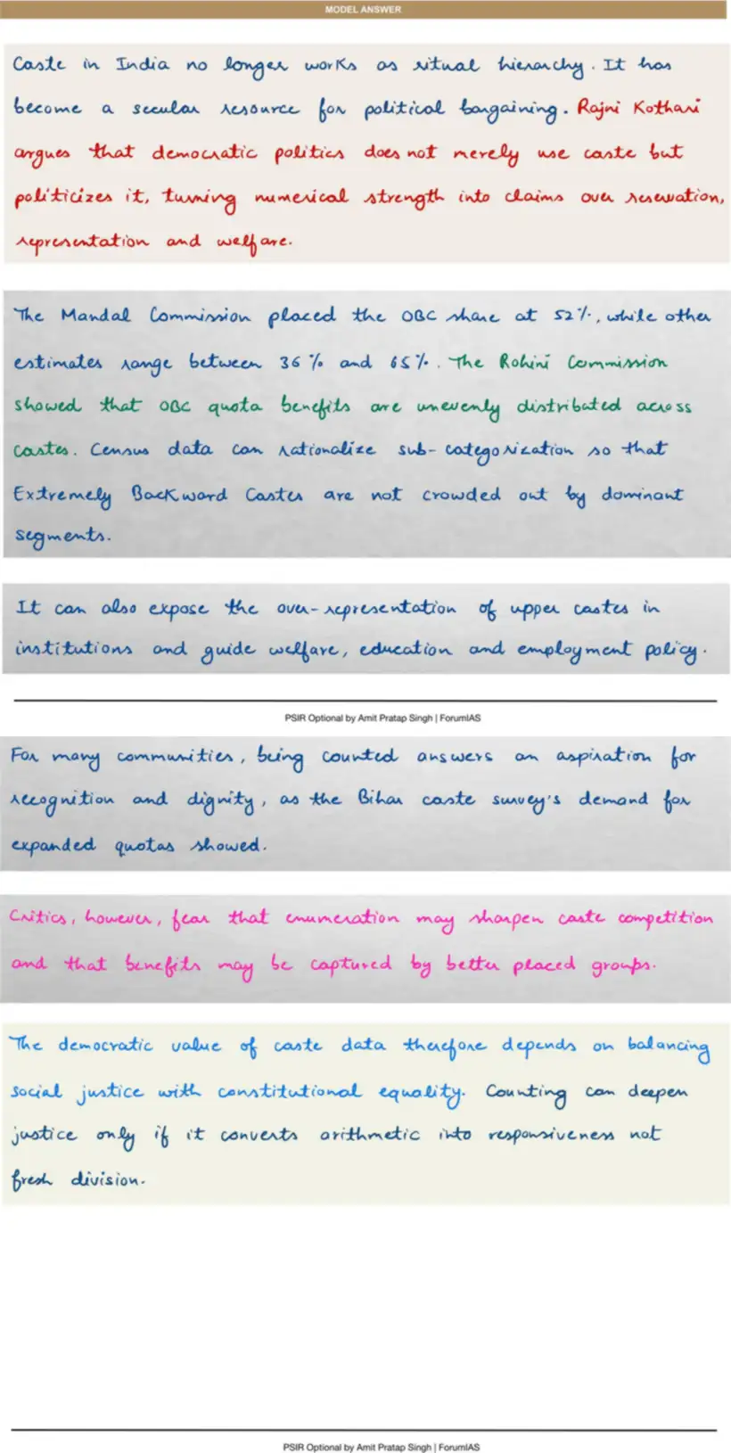 Handwritten model answer — UPSC PSIR 2025, Caste, Religion & Ethnicity