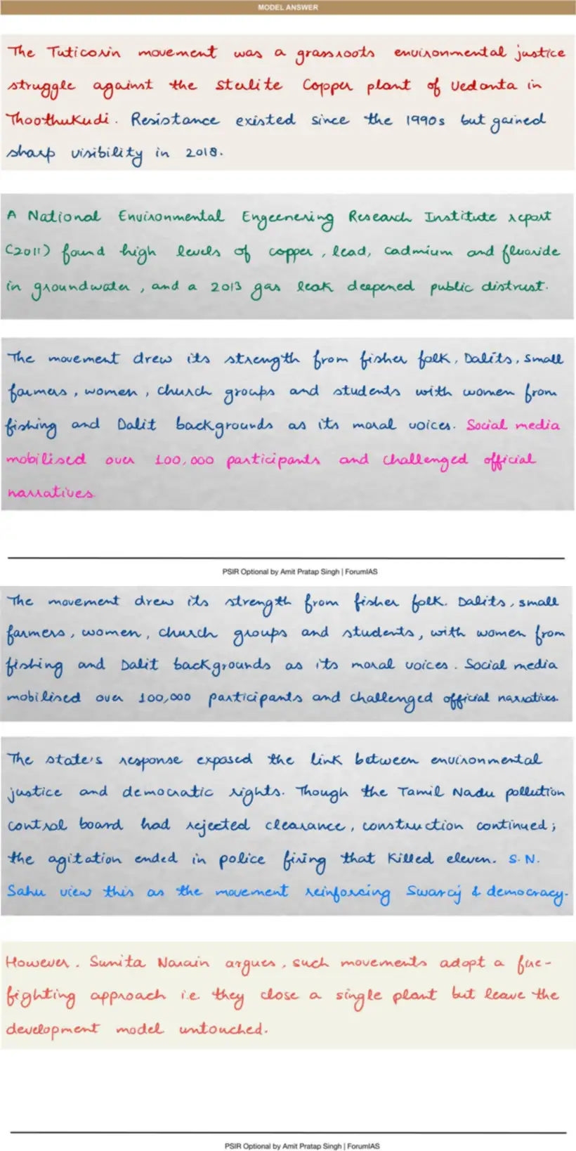 Handwritten model answer — UPSC PSIR 2018, Social Movements