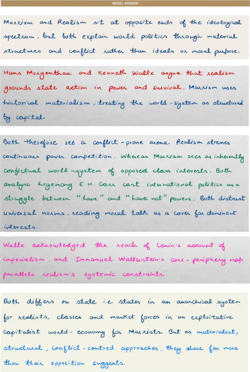 Handwritten model answer — UPSC PSIR 2022, Approaches to International Relations