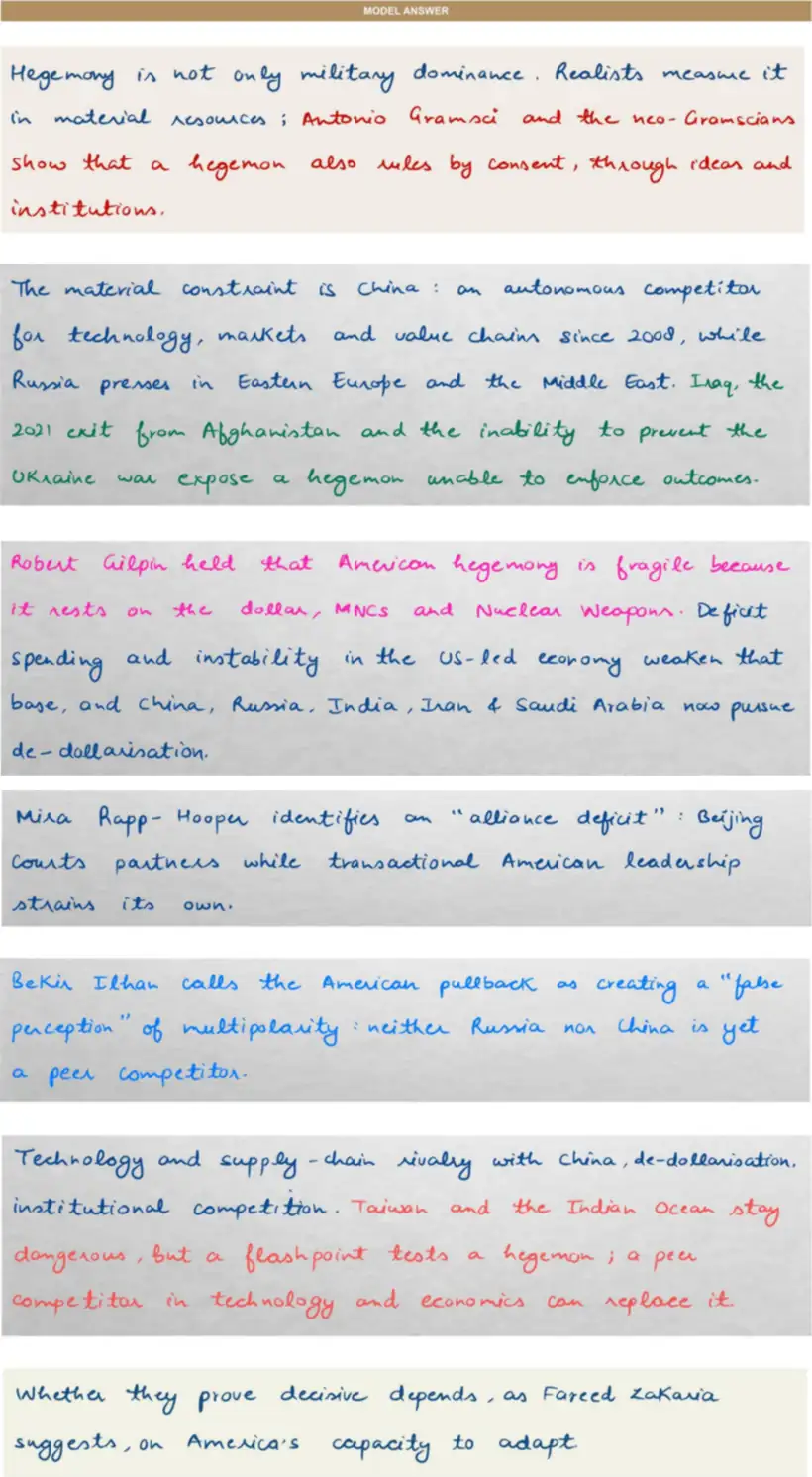 Handwritten model answer — UPSC PSIR 2023, Changing International Political Order