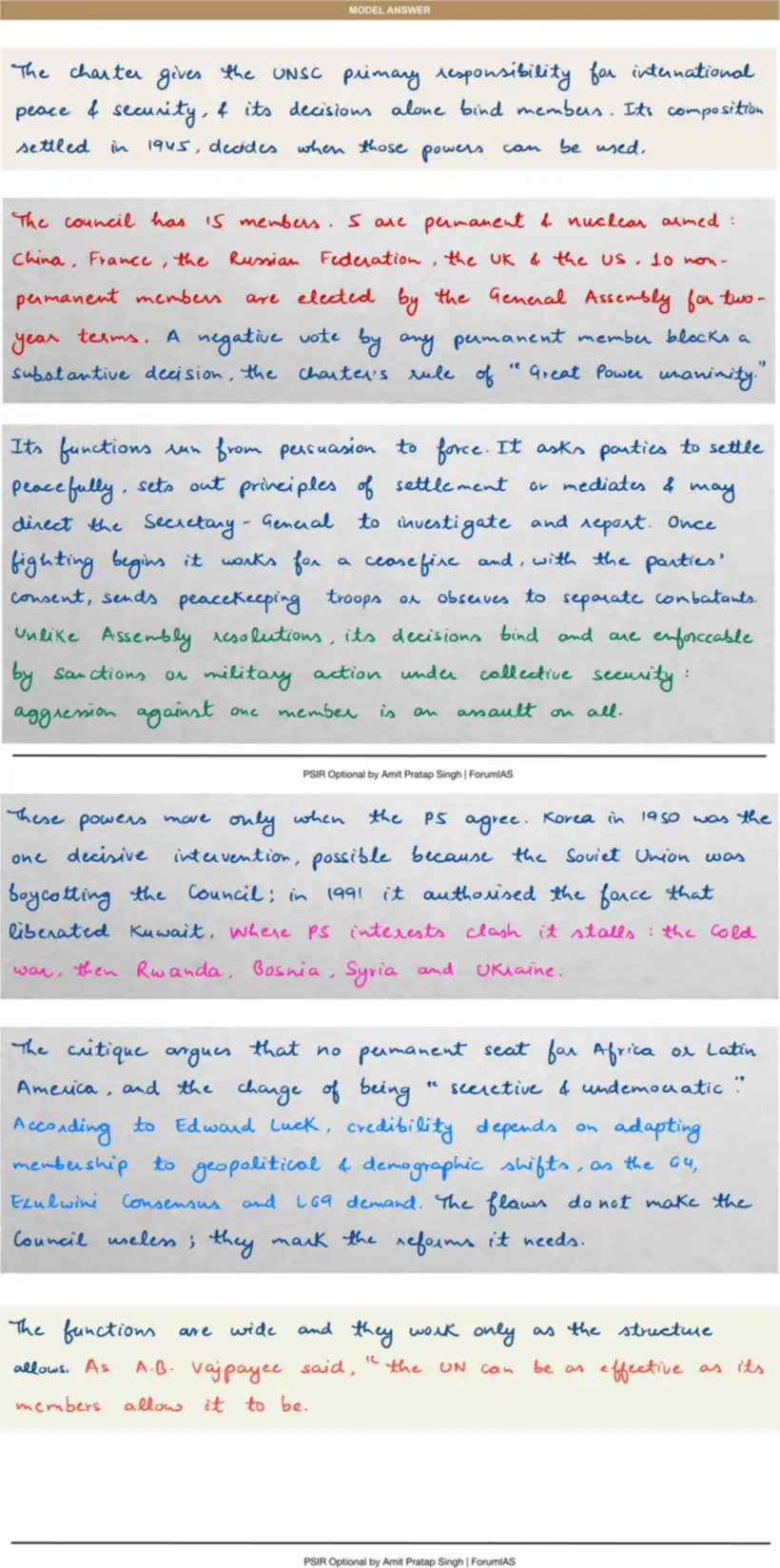 Handwritten model answer — UPSC PSIR 2023, The United Nations