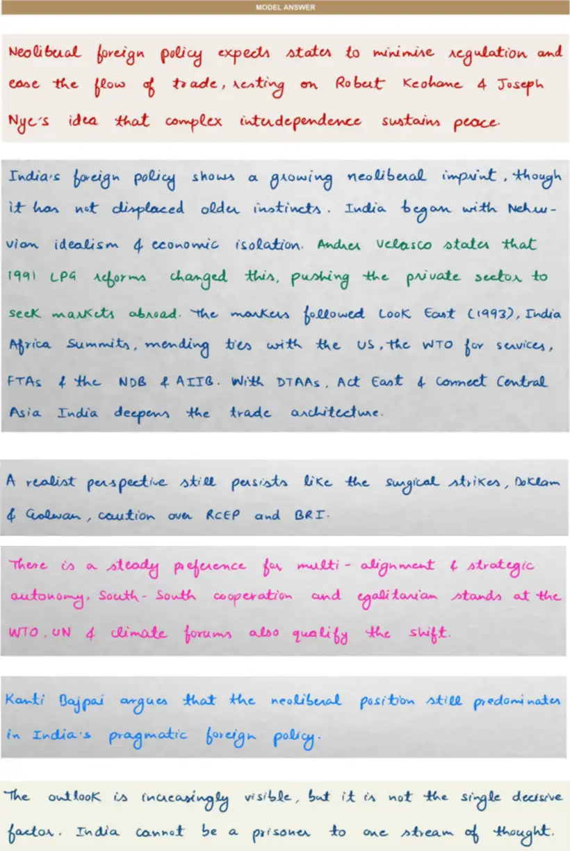 Handwritten model answer — UPSC PSIR 2013, Indian Foreign Policy: Determinants & Institutions