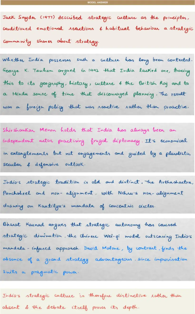 Handwritten model answer — UPSC PSIR 2013, Indian Foreign Policy: Determinants & Institutions