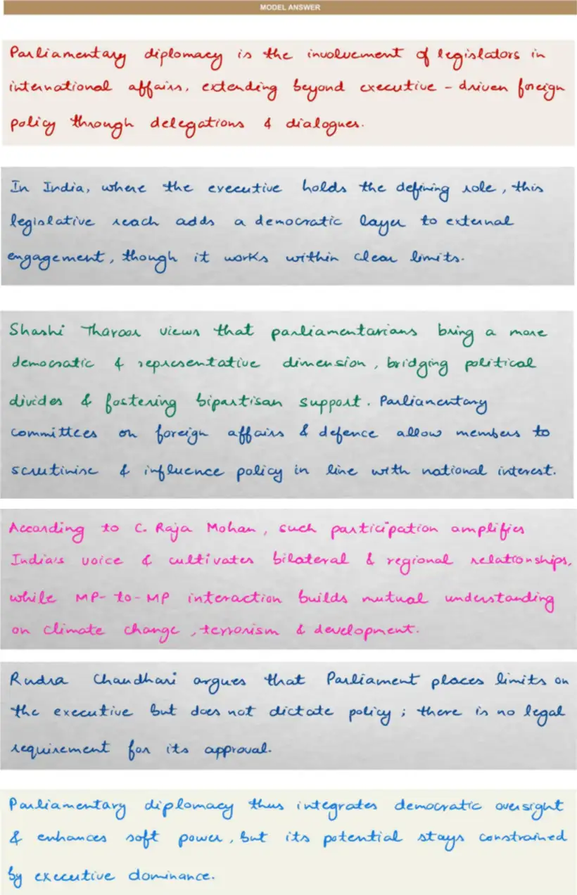 Handwritten model answer — UPSC PSIR 2019, Indian Foreign Policy: Determinants & Institutions