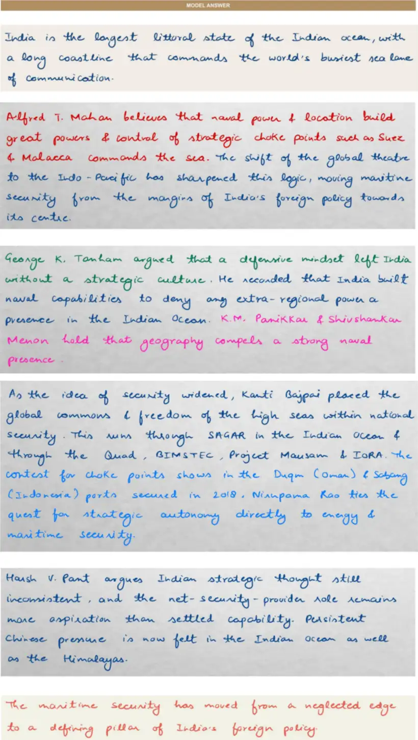 Handwritten model answer — UPSC PSIR 2019, Indian Foreign Policy: Determinants & Institutions
