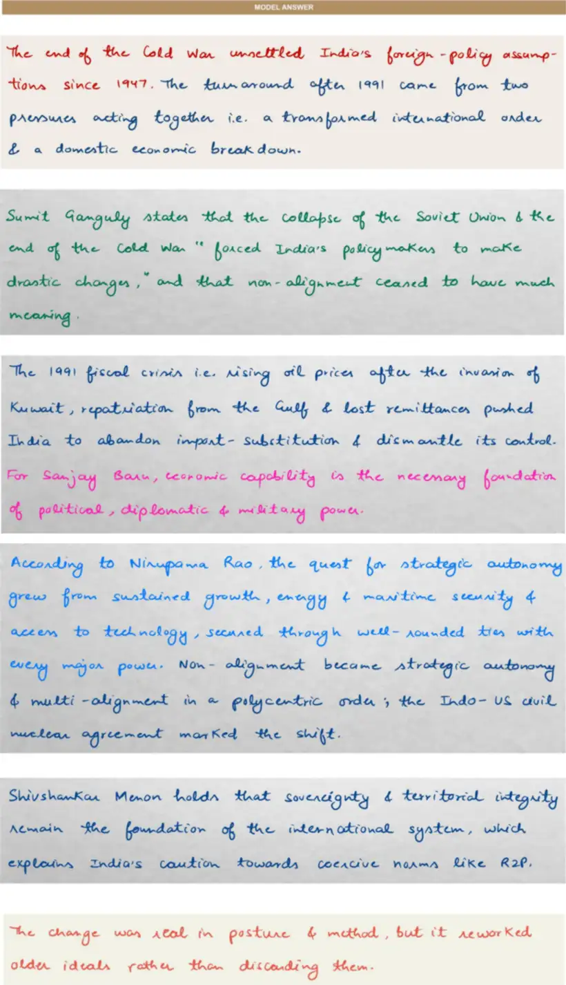 Handwritten model answer — UPSC PSIR 2022, Indian Foreign Policy: Determinants & Institutions