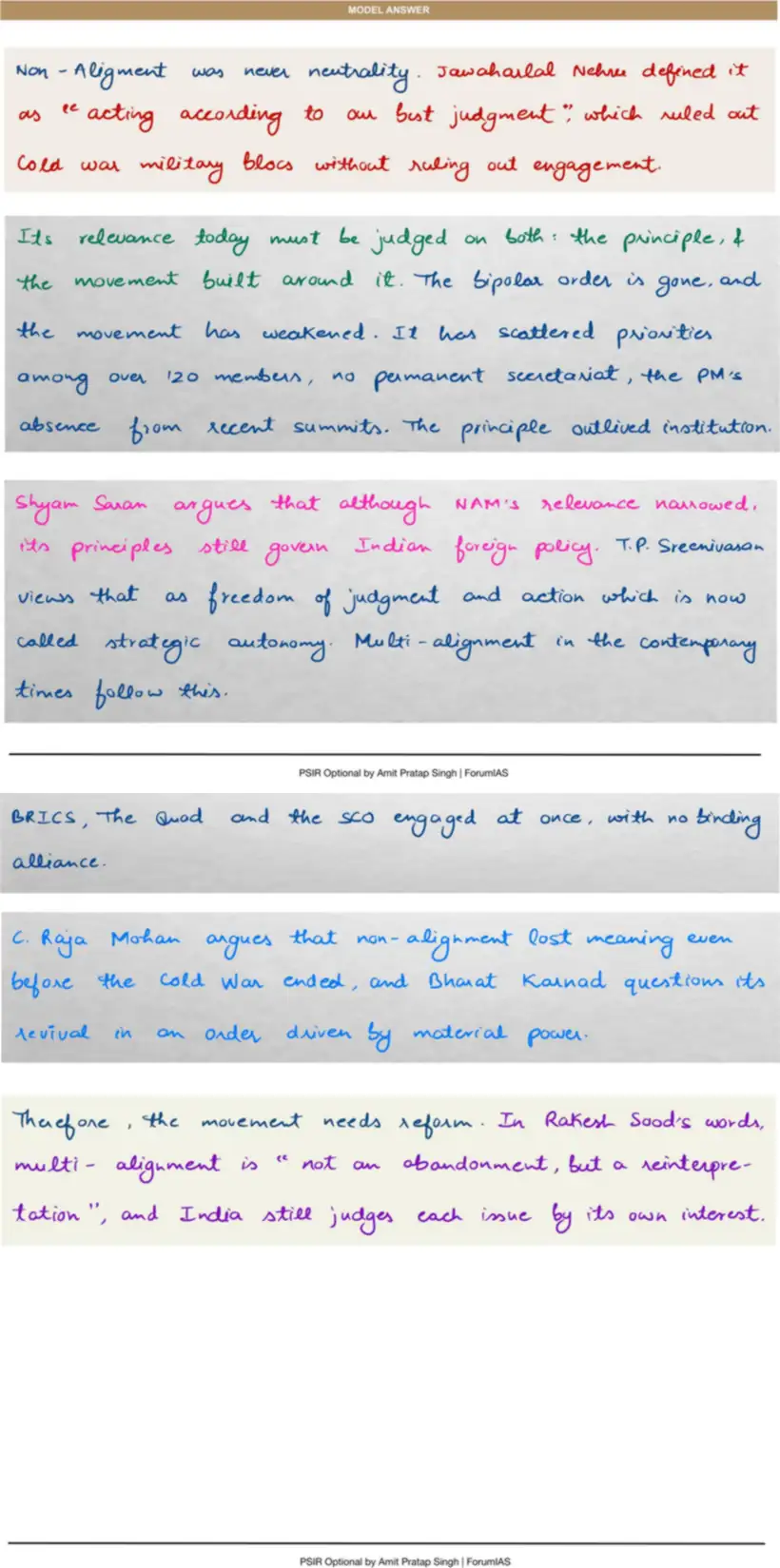 Handwritten model answer — UPSC PSIR 2018, India & the Non-Aligned Movement