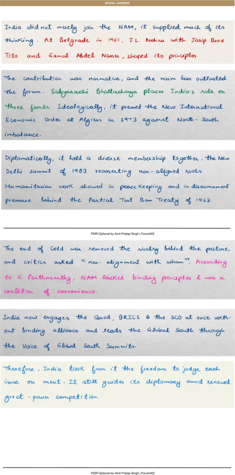 Handwritten model answer — UPSC PSIR 2016, India & the Non-Aligned Movement