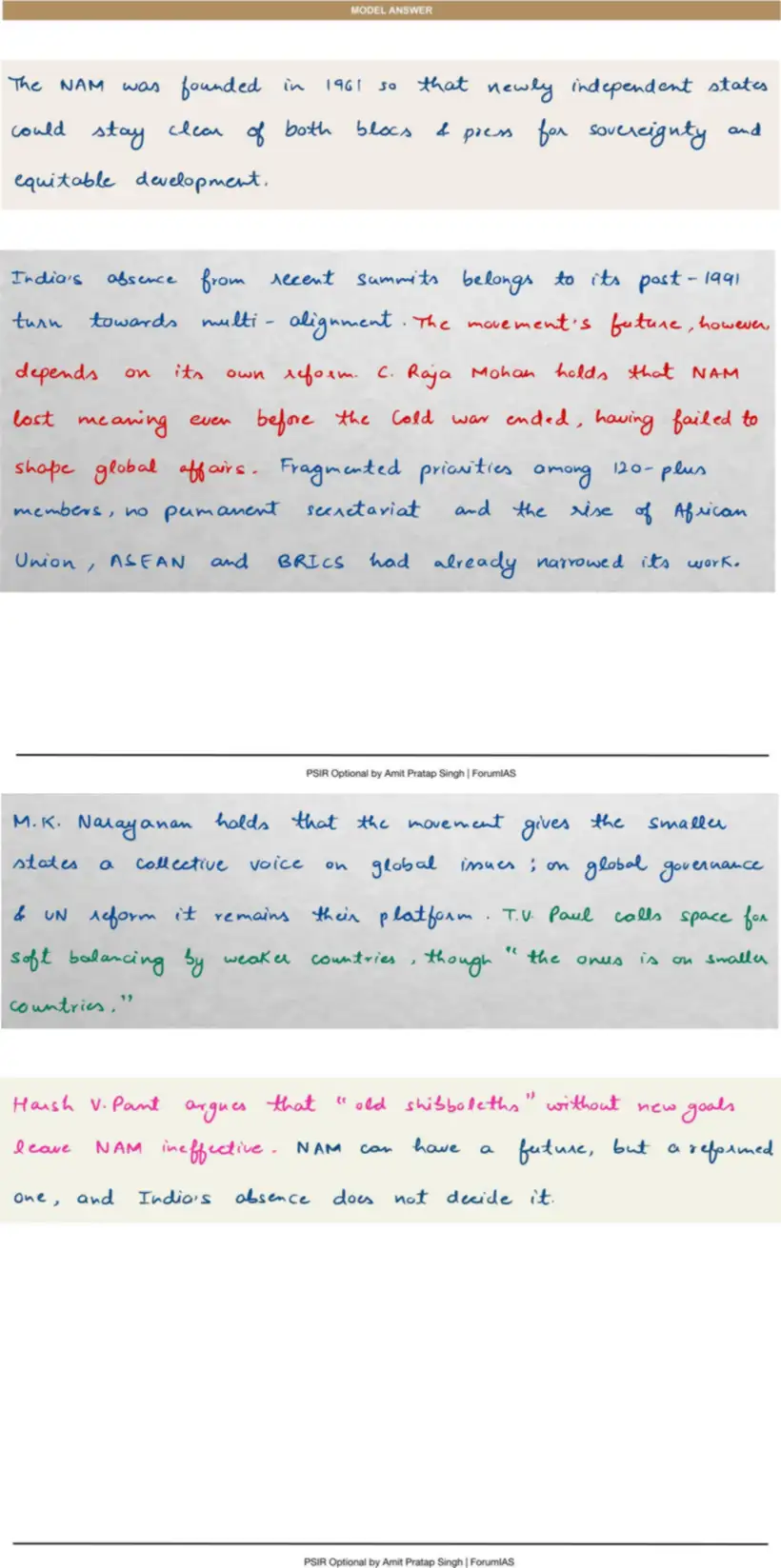 Handwritten model answer — UPSC PSIR 2025, India & the Non-Aligned Movement