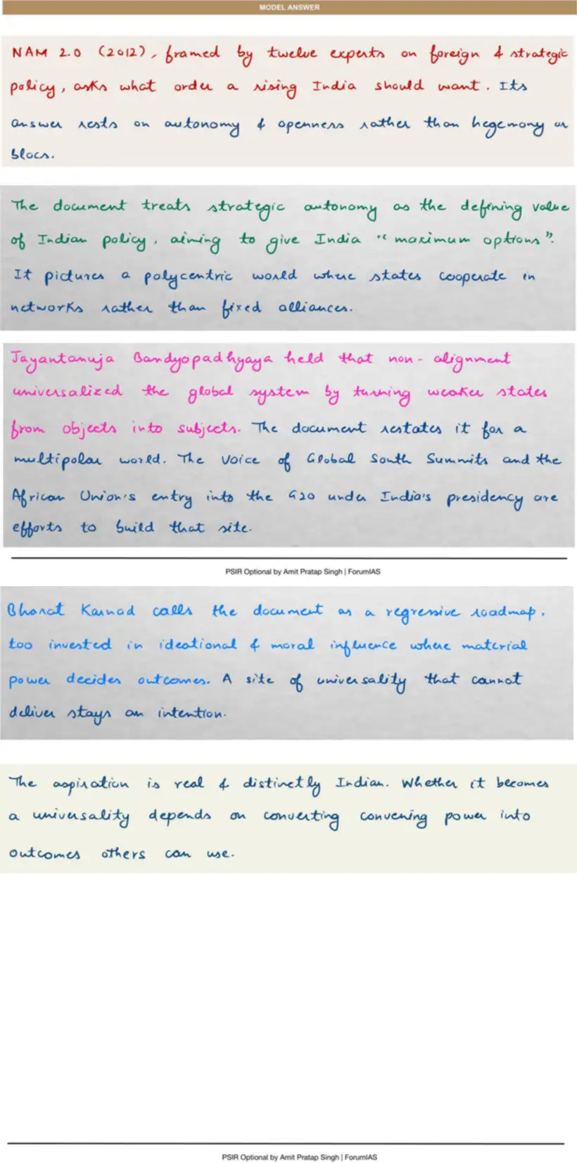 Handwritten model answer — UPSC PSIR 2025, India & the Non-Aligned Movement