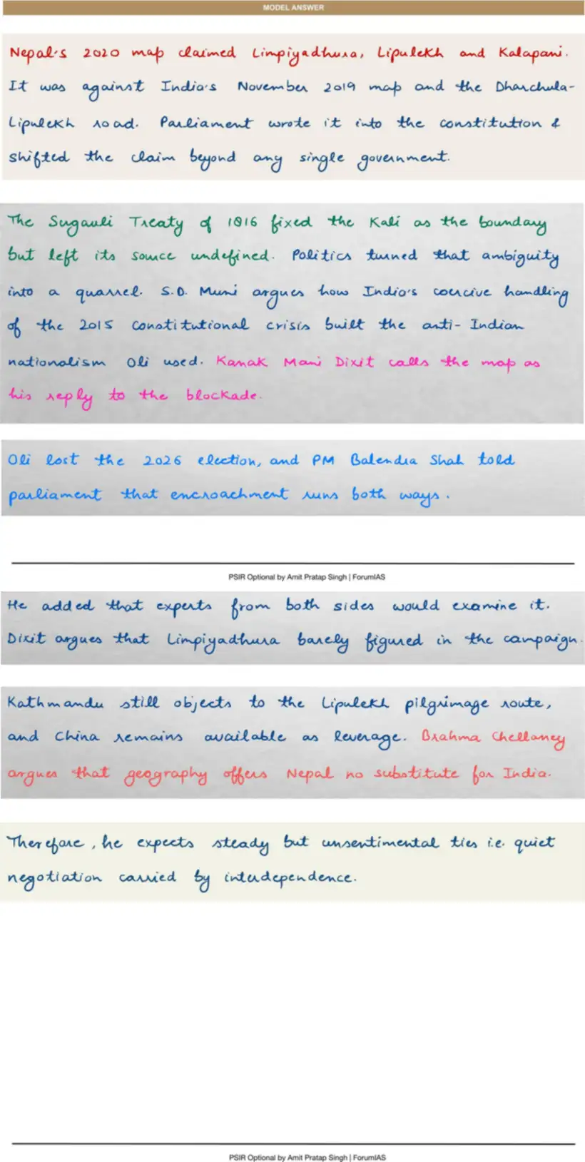 Handwritten model answer — UPSC PSIR 2020, India & South Asia — Part 2