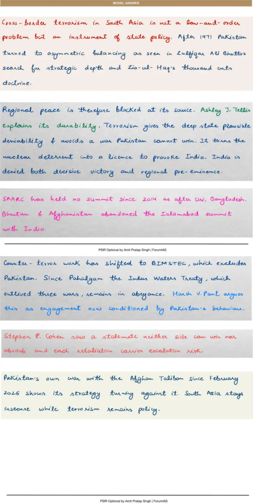 Handwritten model answer — UPSC PSIR 2020, India & South Asia — Part 2